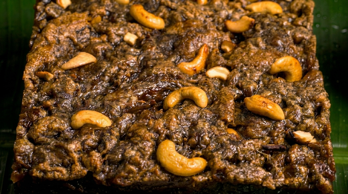 Extreme close-up of the dense, chewy texture of Kaludodol generously studded with golden roasted cashews